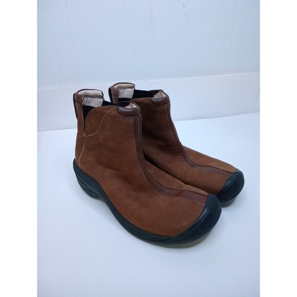 Keen Women's Boot Chelsea Brown Leather Pull On Stripe Ankle Bootie US 7 EU 37.5 - Picture 1 of 7